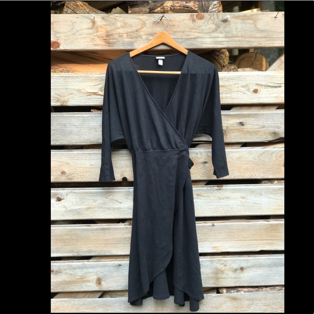 Black Jersey Bat Sleeve Wrap Dress Medium
